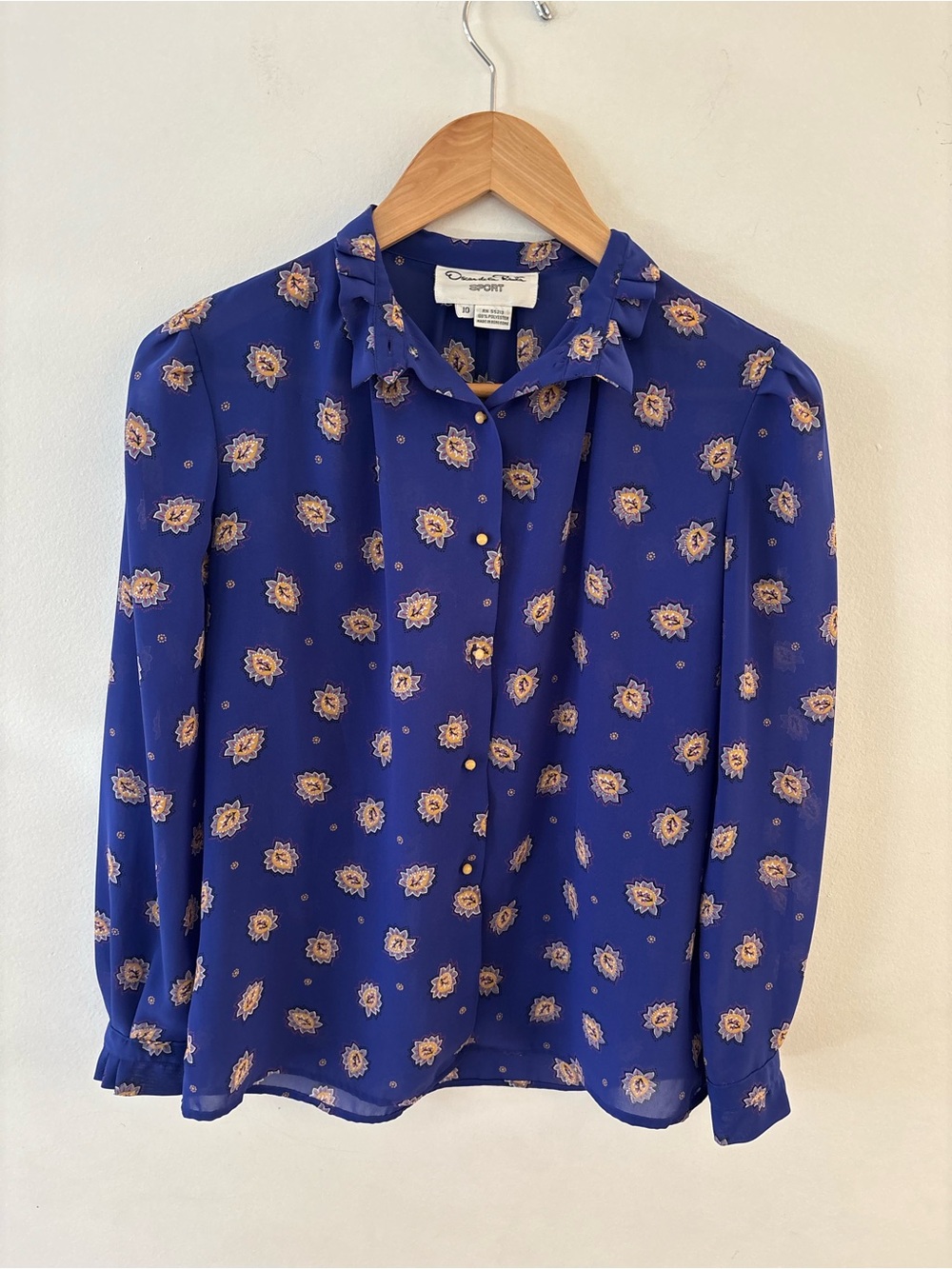 Oscar De La Renta Sport Vintage Royal Blue Paisley Floral Button up Blouse Sz 10